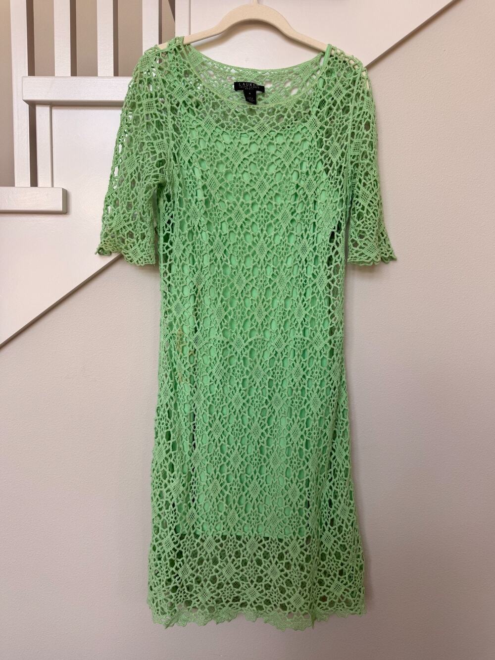 Lauren Ralph Lauren Dress Size Medium Lime Green Open Knit Crochet Lace